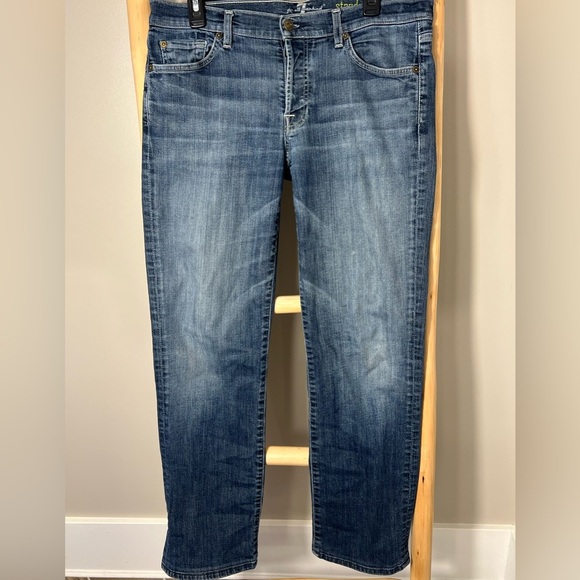 7 for all man kind reg33 Men's Blue Jeans embroidered pockets button fly lowrise - Picture 2 of 14